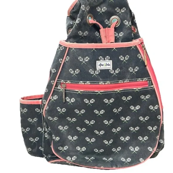 Stylish Blue Canvas White Tennis Racket Patternand Pink Accents Tennis Backpack - Picture 2 of 8